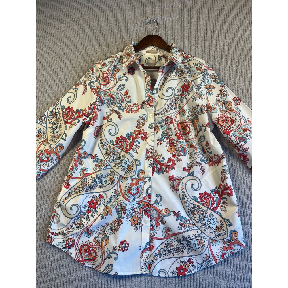 Chicos No Iron Paisley Tunic Shirt Womens 2 L White Blue Red 3/4 Sleeve Pockets